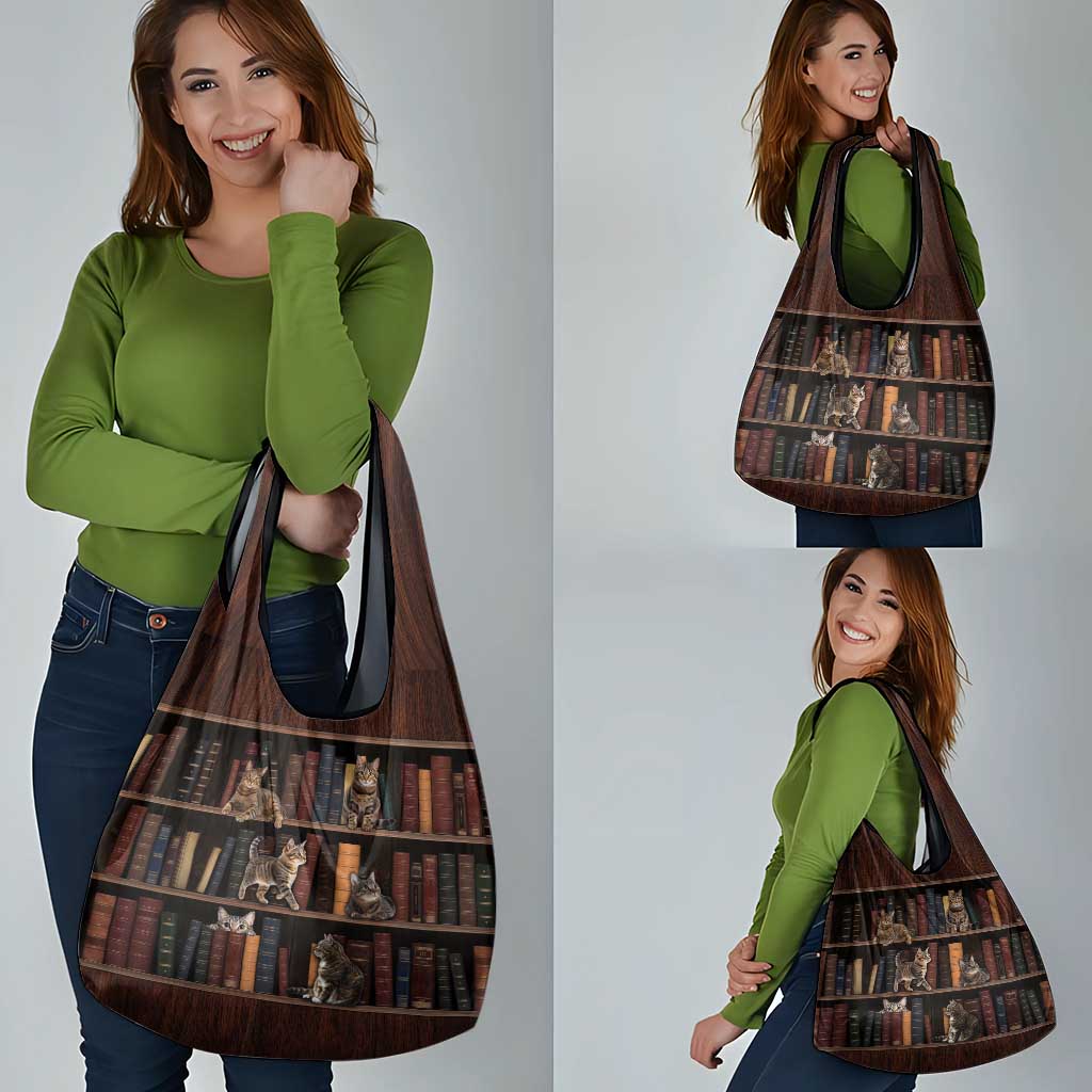 Cat Bookcase Christmas Grocery Bag Xmas Holiday Patterns - Wonder Print Shop