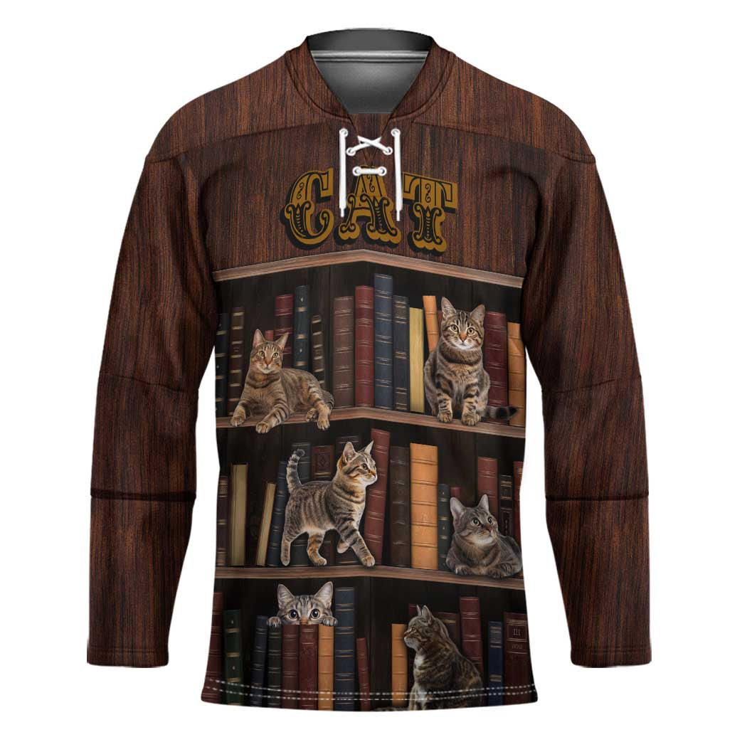Cat Bookcase Christmas Hockey Jersey Xmas Holiday Patterns - Wonder Print Shop