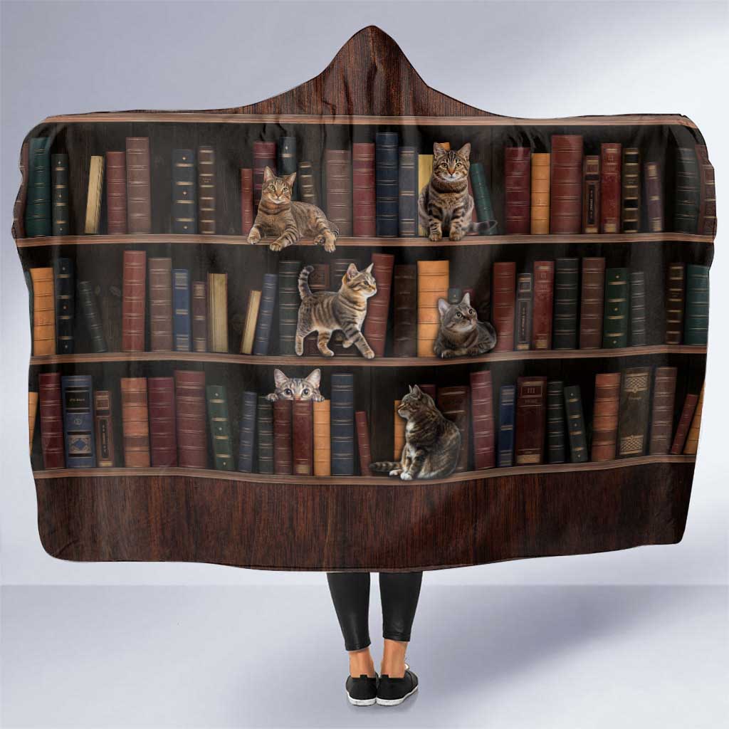 Cat Bookcase Christmas Hooded Blanket Xmas Holiday Patterns - Wonder Print Shop