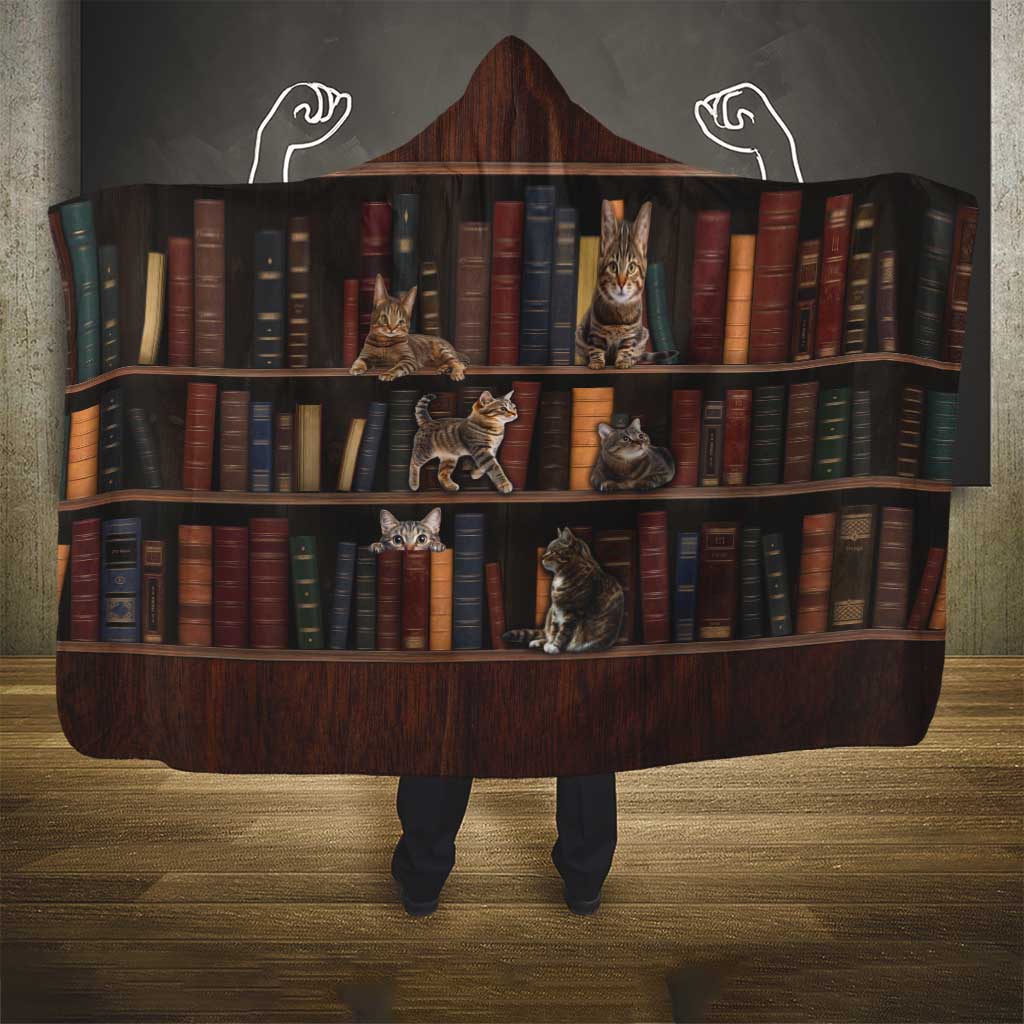 Cat Bookcase Christmas Hooded Blanket Xmas Holiday Patterns - Wonder Print Shop