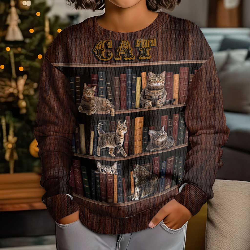 Cat Bookcase Christmas Kid Ugly Christmas Sweater Xmas Holiday Patterns - Wonder Print Shop