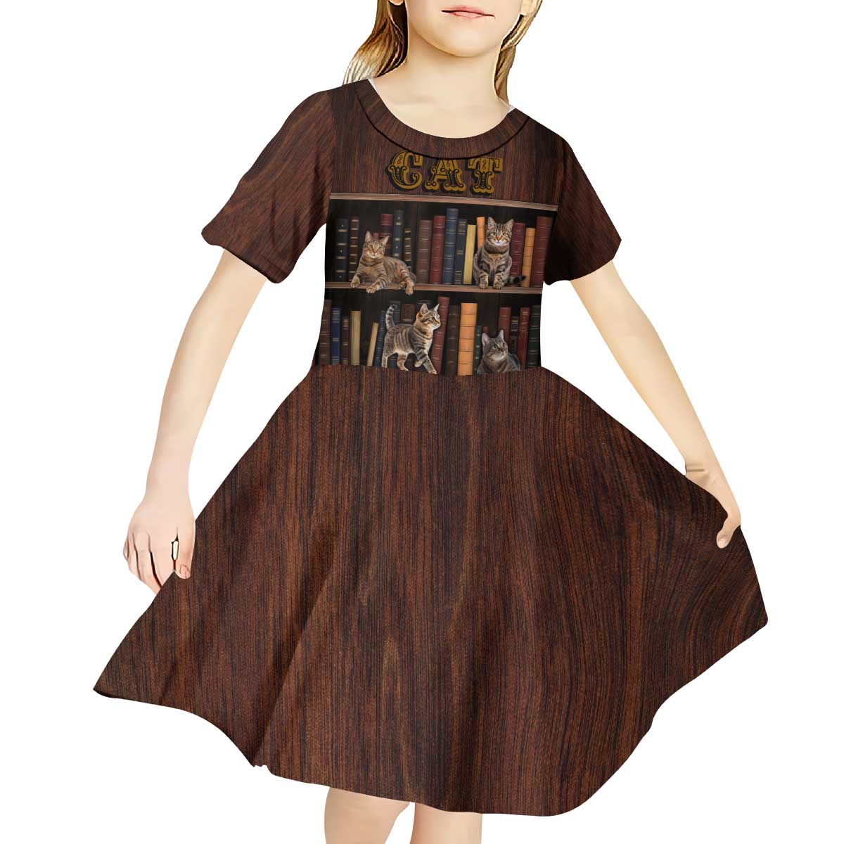Cat Bookcase Christmas Kid Short Sleeve Dress Xmas Holiday Patterns - Wonder Print Shop