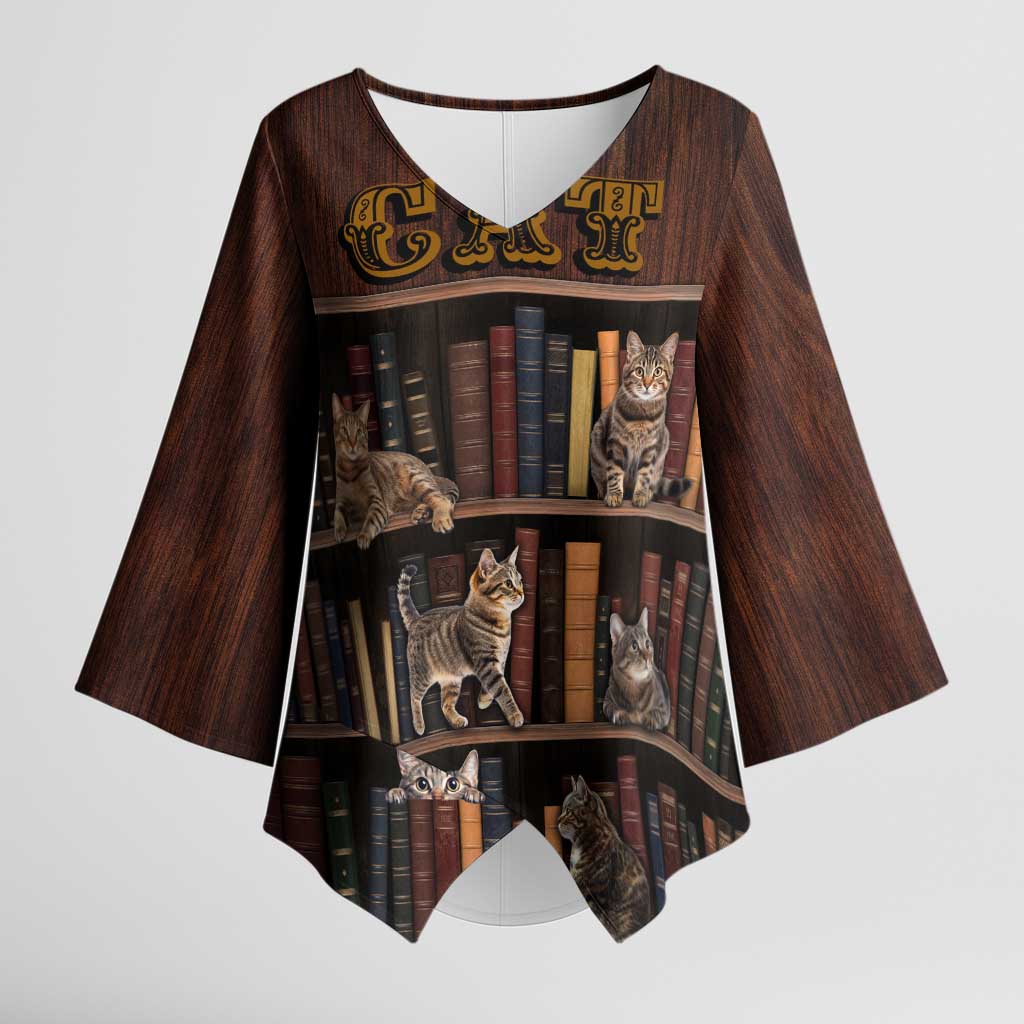 Cat Bookcase Christmas Kimono Sleeve Blouse Xmas Holiday Patterns - Wonder Print Shop