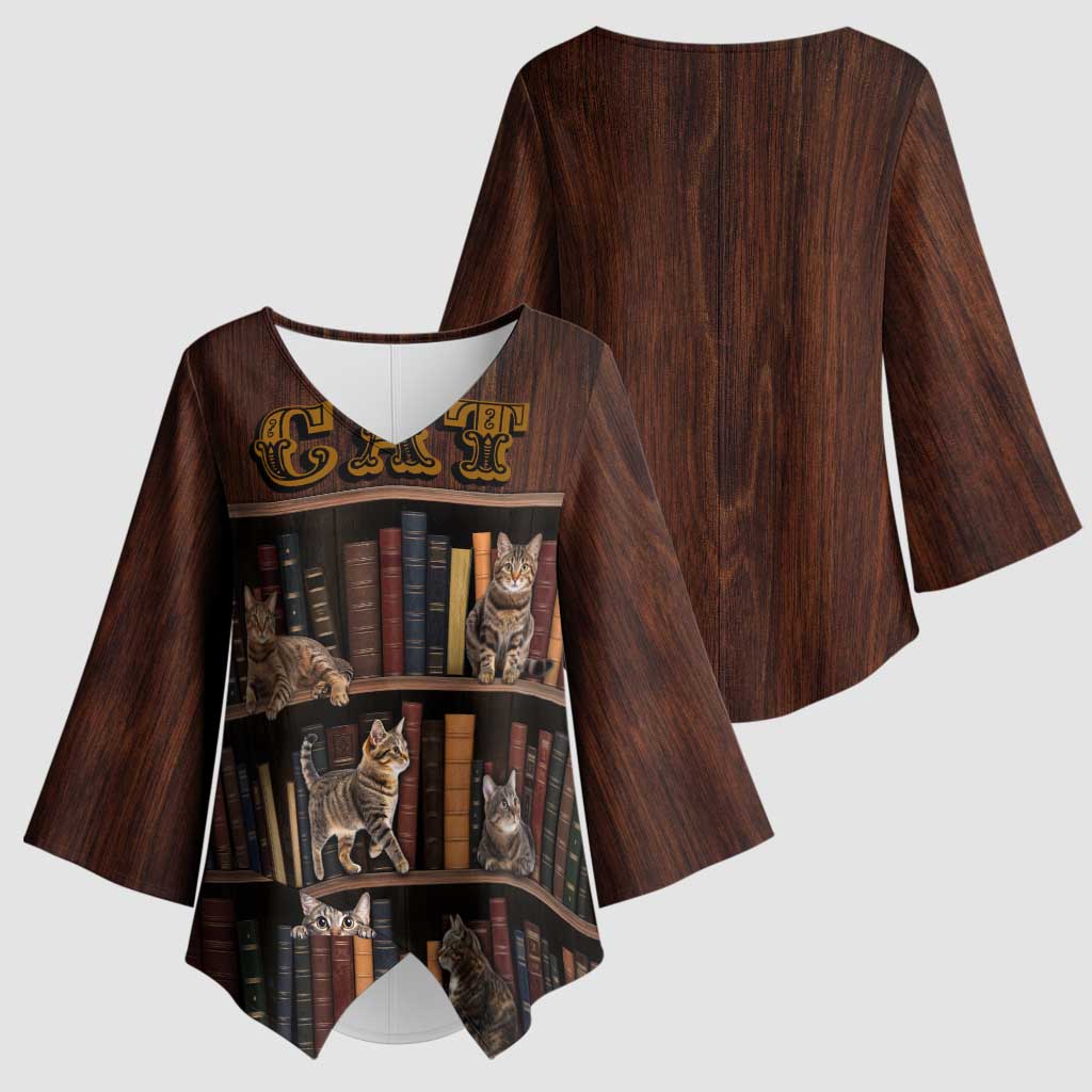 Cat Bookcase Christmas Kimono Sleeve Blouse Xmas Holiday Patterns - Wonder Print Shop