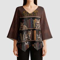 Cat Bookcase Christmas Kimono Sleeve Blouse Xmas Holiday Patterns - Wonder Print Shop