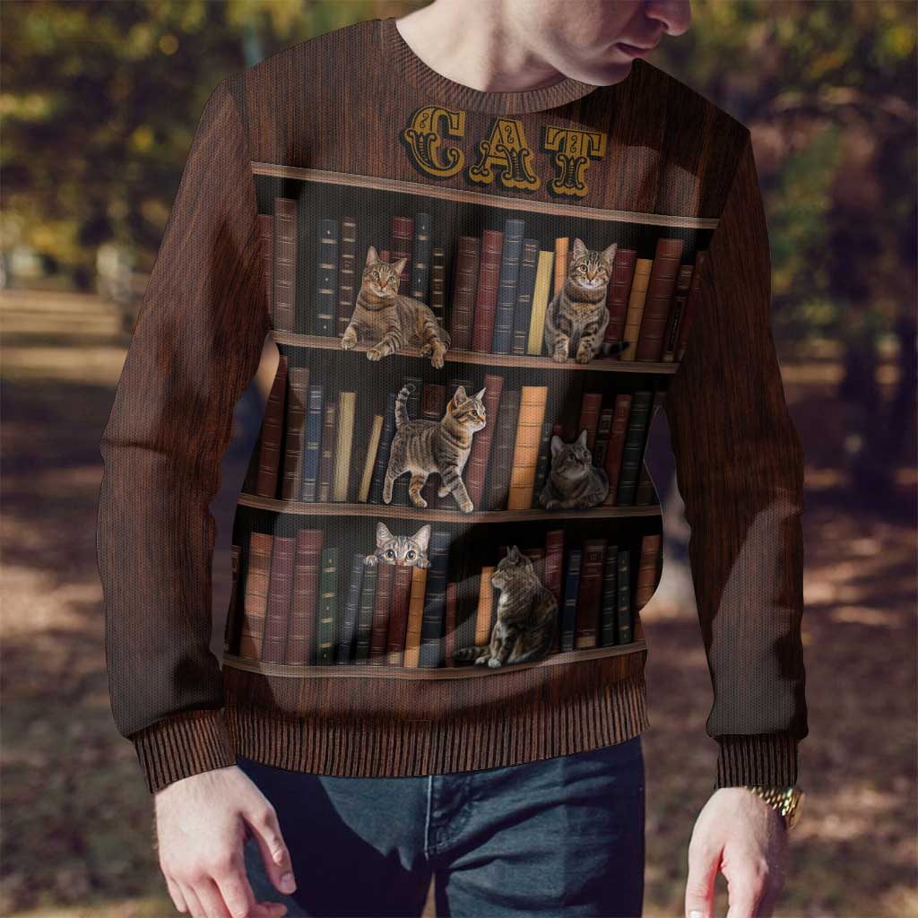 Cat Bookcase Christmas Ugly Christmas Sweater Xmas Holiday Patterns - Wonder Print Shop