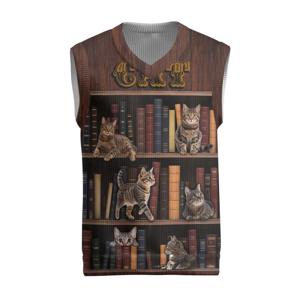 Cat Bookcase Christmas Knitted V-Neck Vest Xmas Holiday Patterns - Wonder Print Shop