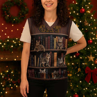 Cat Bookcase Christmas Knitted V-Neck Vest Xmas Holiday Patterns - Wonder Print Shop