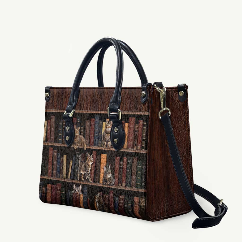 Cat Bookcase Christmas Leather Bag Xmas Holiday Patterns - Wonder Print Shop