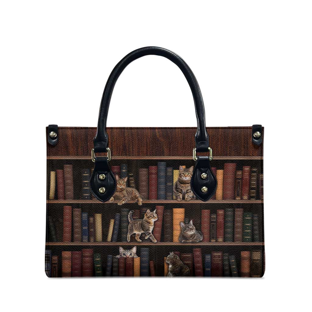 Cat Bookcase Christmas Leather Bag Xmas Holiday Patterns - Wonder Print Shop
