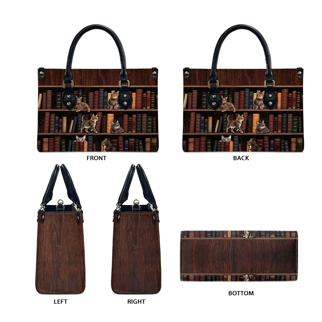 Cat Bookcase Christmas Leather Bag Xmas Holiday Patterns - Wonder Print Shop