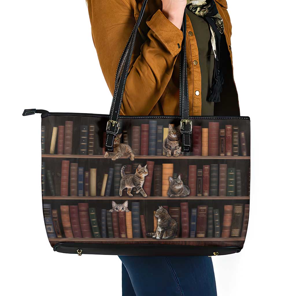 Cat Bookcase Christmas Leather Tote Bag Xmas Holiday Patterns - Wonder Print Shop