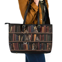 Cat Bookcase Christmas Leather Tote Bag Xmas Holiday Patterns - Wonder Print Shop