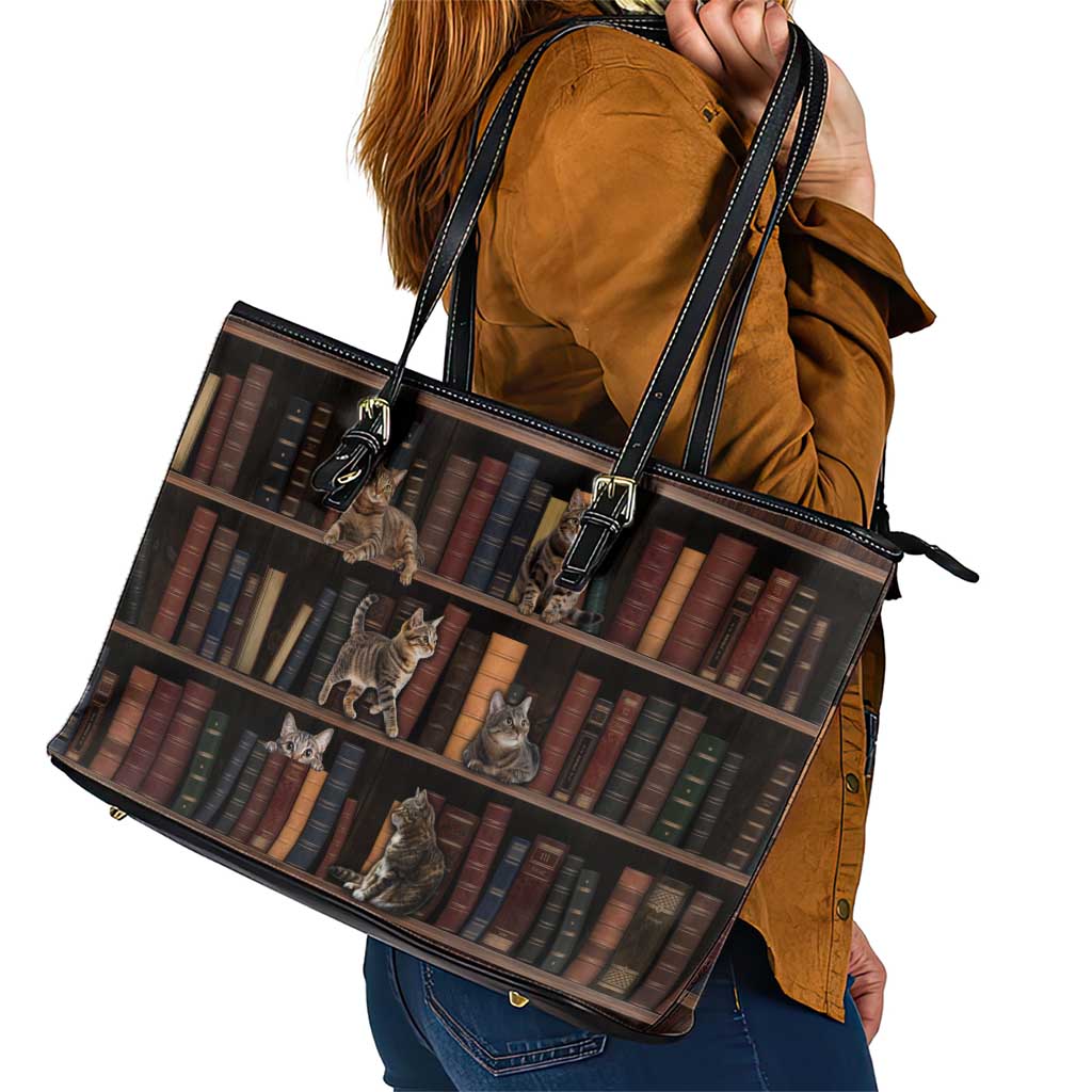 Cat Bookcase Christmas Leather Tote Bag Xmas Holiday Patterns - Wonder Print Shop
