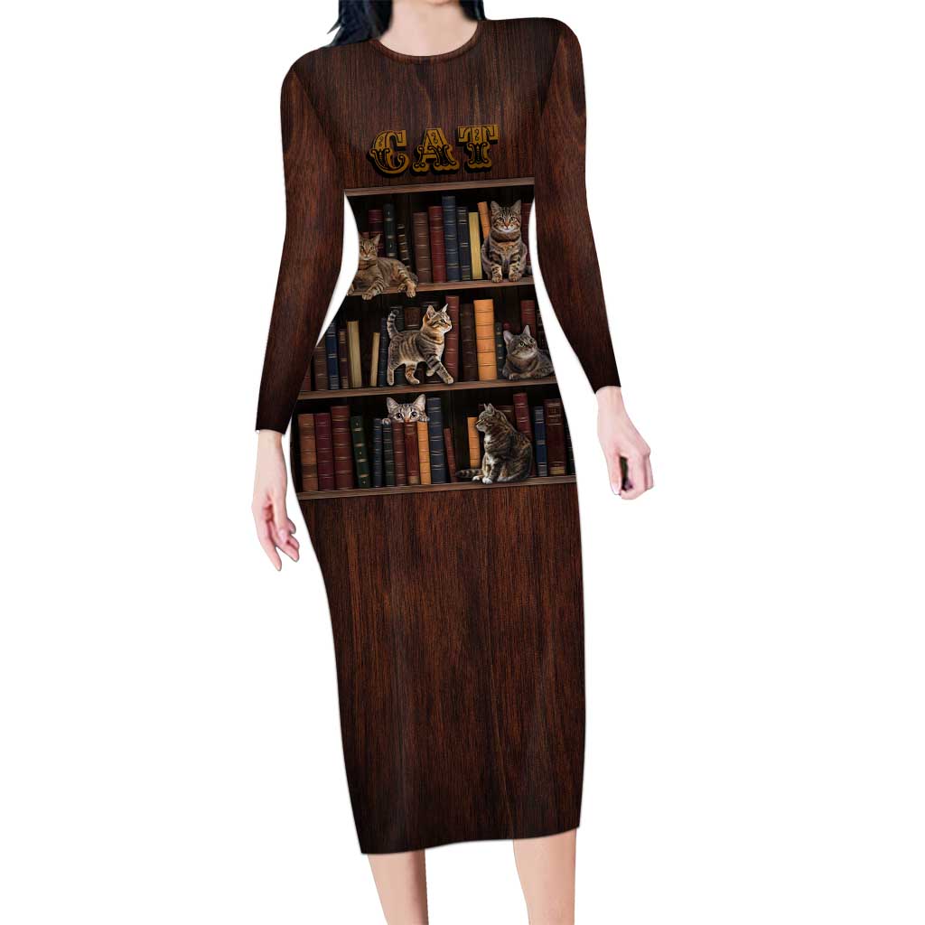 Cat Bookcase Christmas Long Sleeve Bodycon Dress Xmas Holiday Patterns - Wonder Print Shop