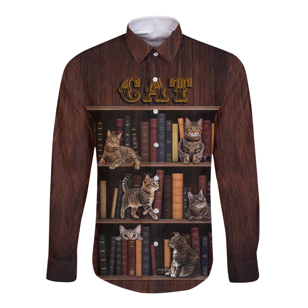 Cat Bookcase Christmas Long Sleeve Button Shirt Xmas Holiday Patterns - Wonder Print Shop