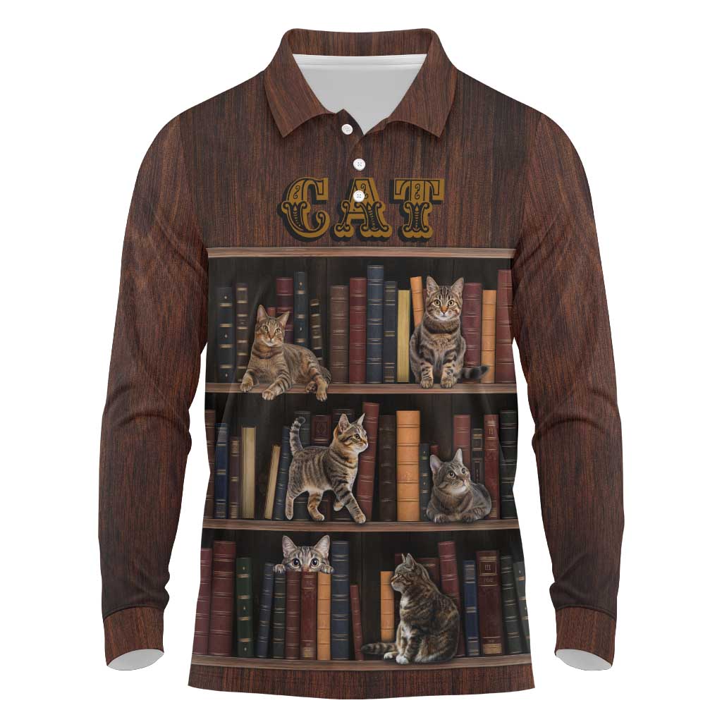 Cat Bookcase Christmas Long Sleeve Polo Shirt Xmas Holiday Patterns - Wonder Print Shop