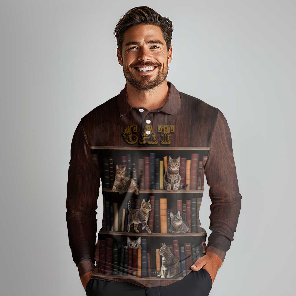 Cat Bookcase Christmas Long Sleeve Polo Shirt Xmas Holiday Patterns - Wonder Print Shop