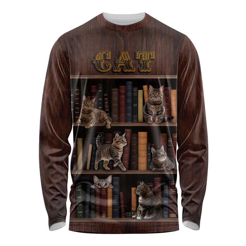Cat Bookcase Christmas Long Sleeve Shirt Xmas Holiday Patterns - Wonder Print Shop