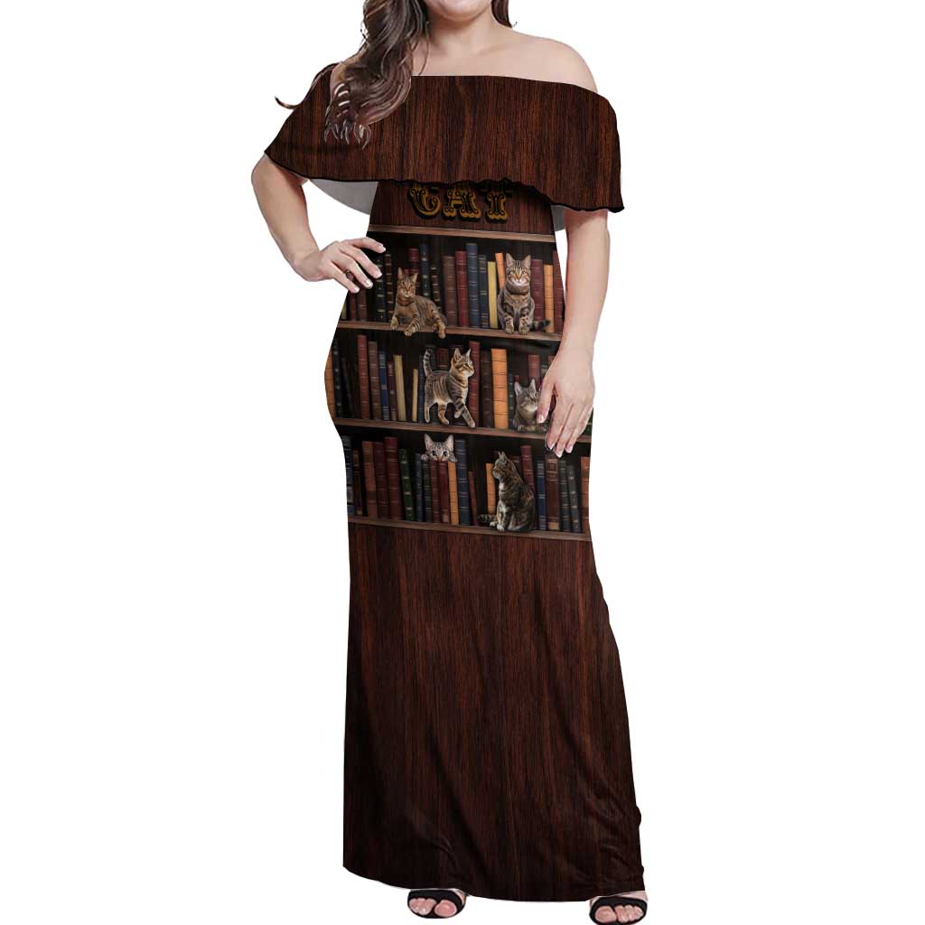 Cat Bookcase Christmas Off Shoulder Maxi Dress Xmas Holiday Patterns - Wonder Print Shop