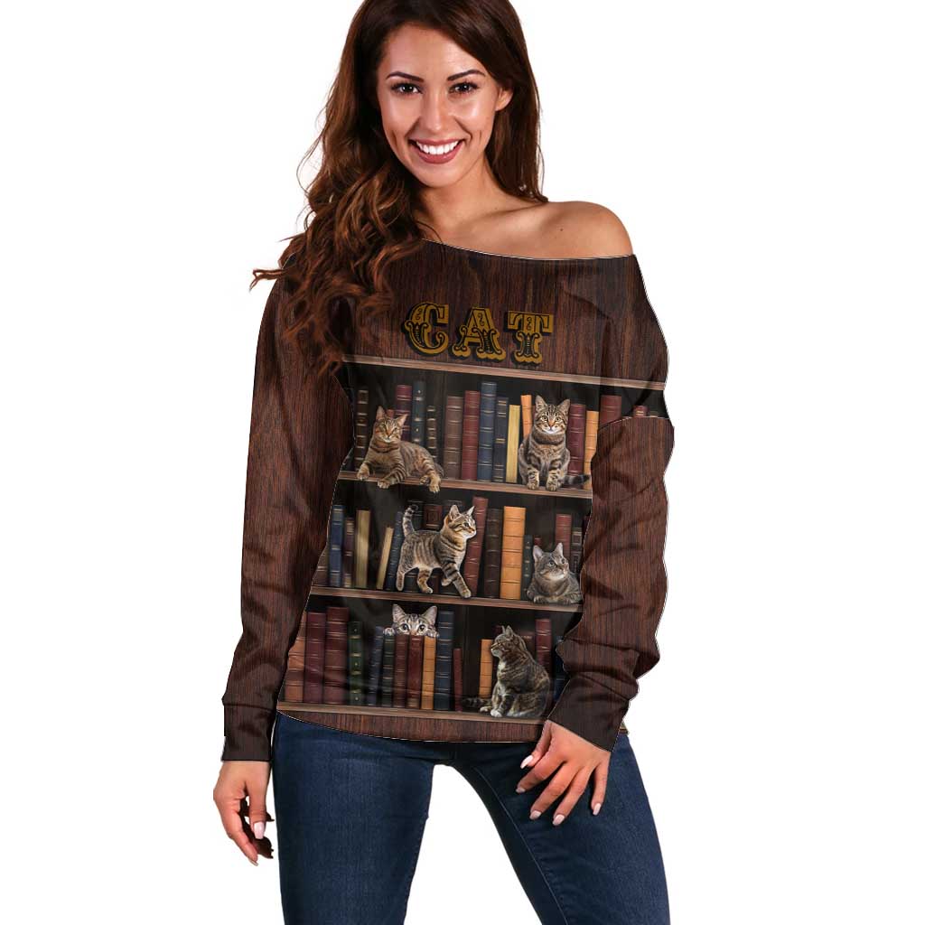 Cat Bookcase Christmas Off Shoulder Sweater Xmas Holiday Patterns - Wonder Print Shop
