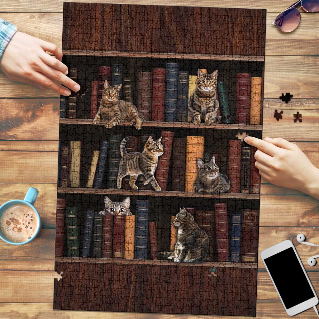 Cat Bookcase Christmas Puzzle Xmas Holiday Patterns - Wonder Print Shop