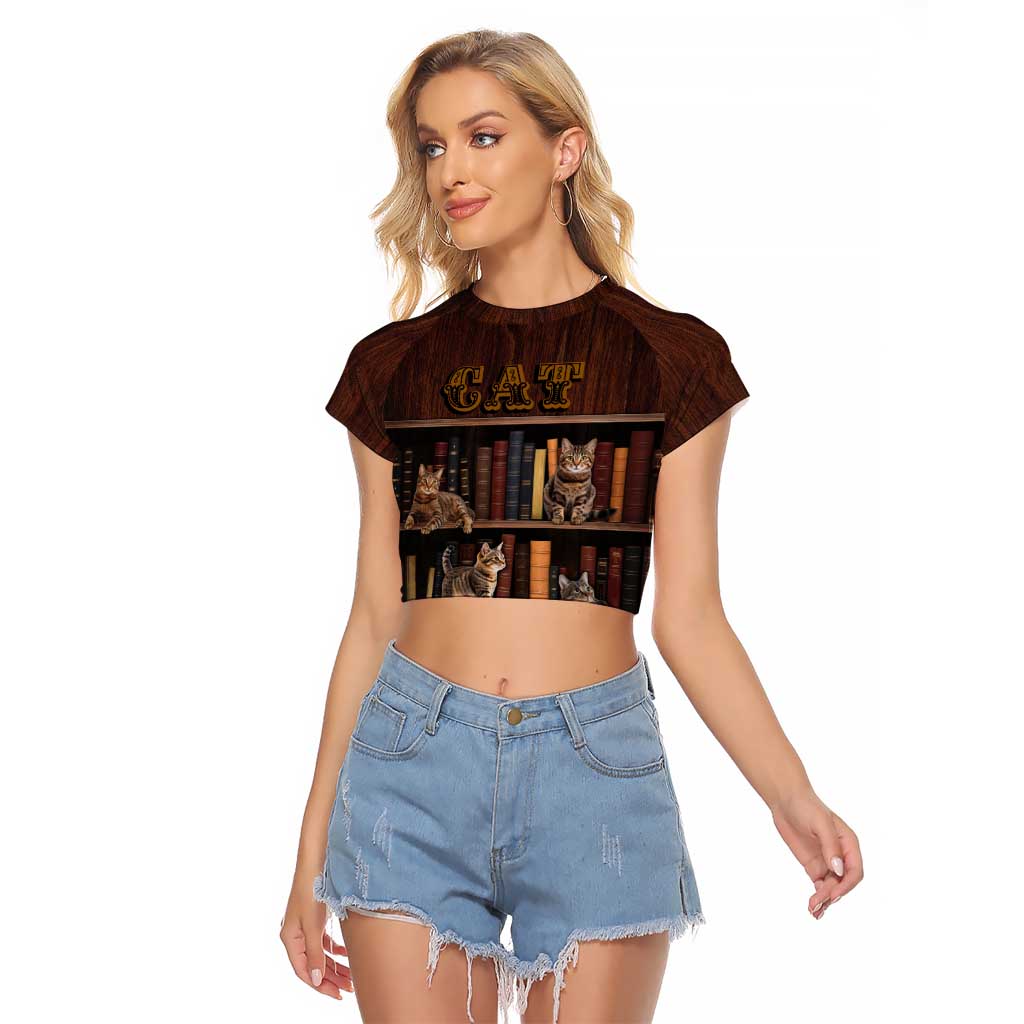 Cat Bookcase Christmas Raglan Cropped T Shirt Xmas Holiday Patterns - Wonder Print Shop