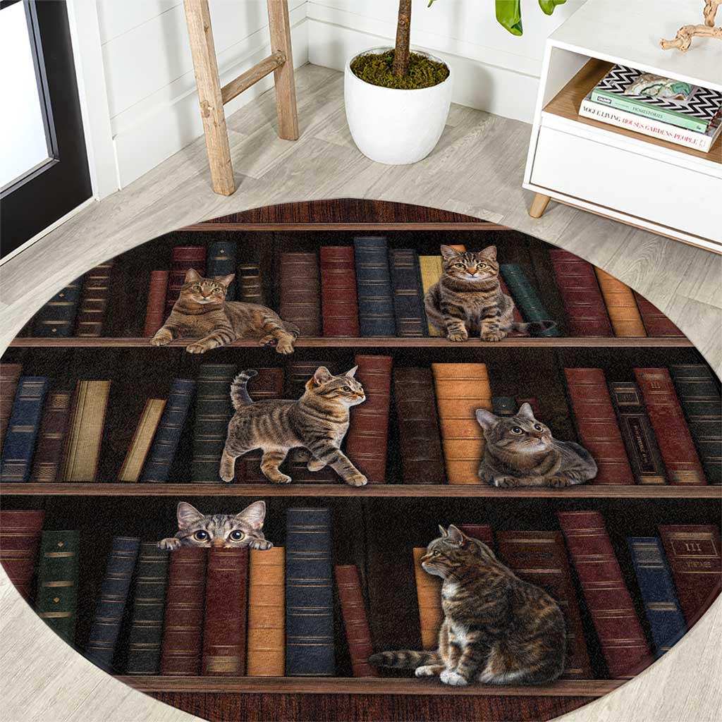 Cat Bookcase Christmas Round Carpet Xmas Holiday Patterns - Wonder Print Shop