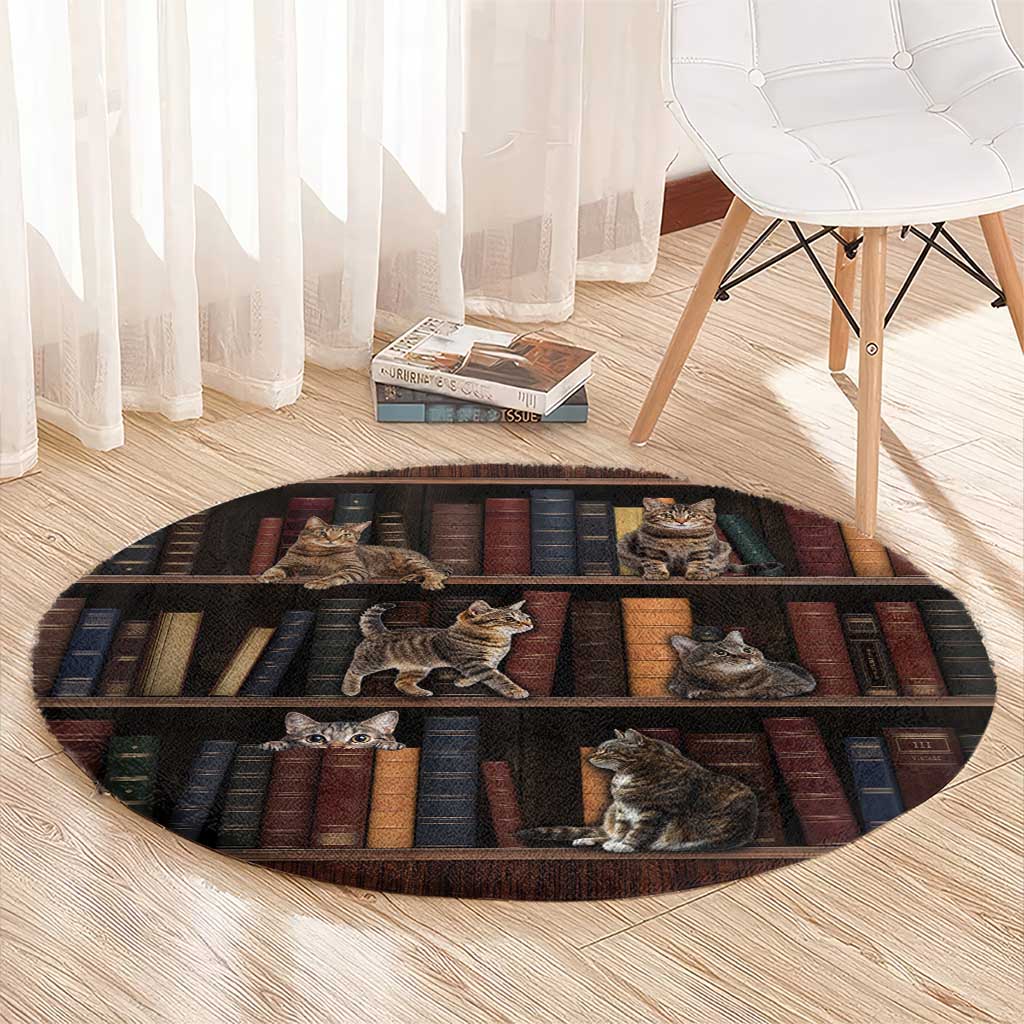 Cat Bookcase Christmas Round Carpet Xmas Holiday Patterns - Wonder Print Shop
