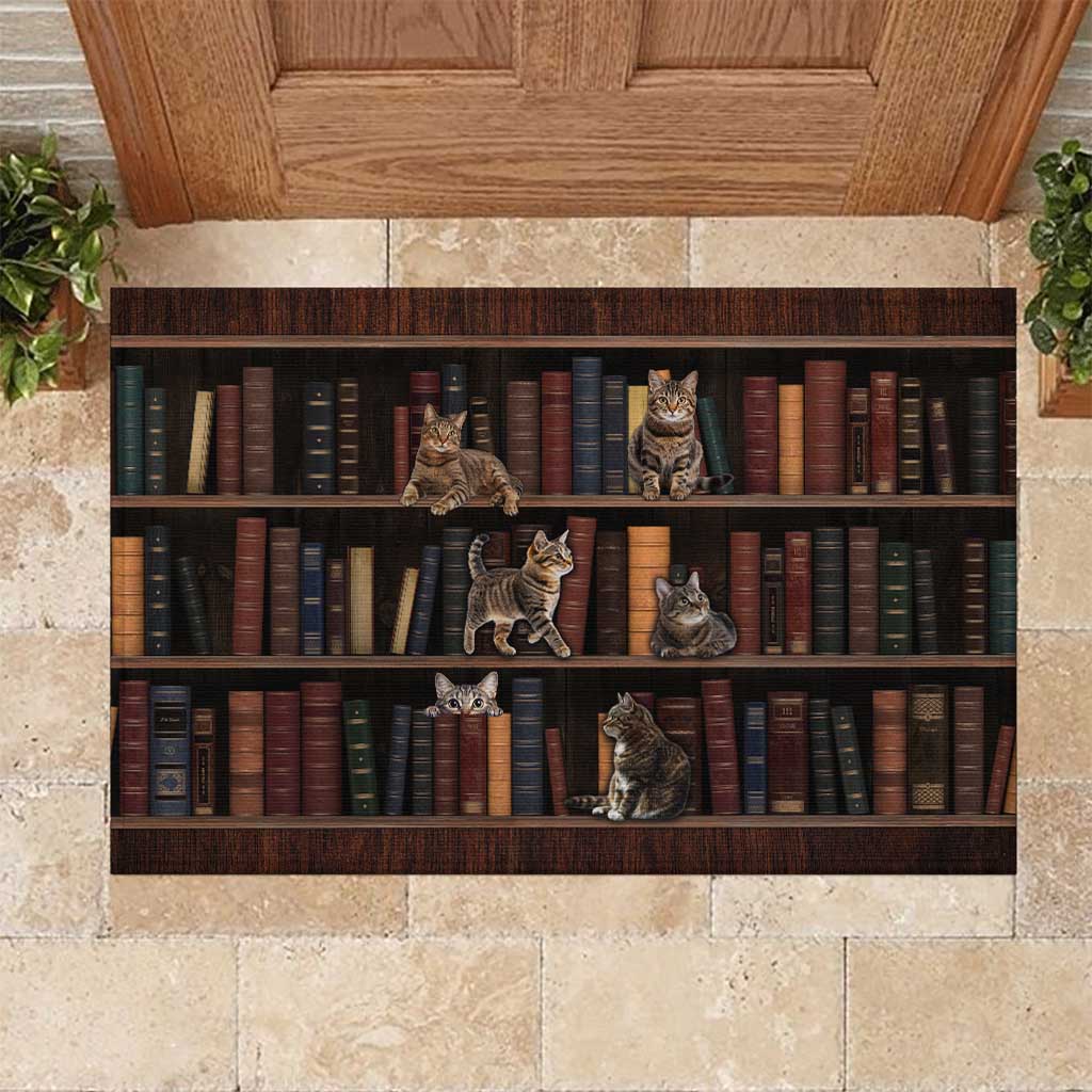 Cat Bookcase Christmas Rubber Doormat Xmas Holiday Patterns - Wonder Print Shop