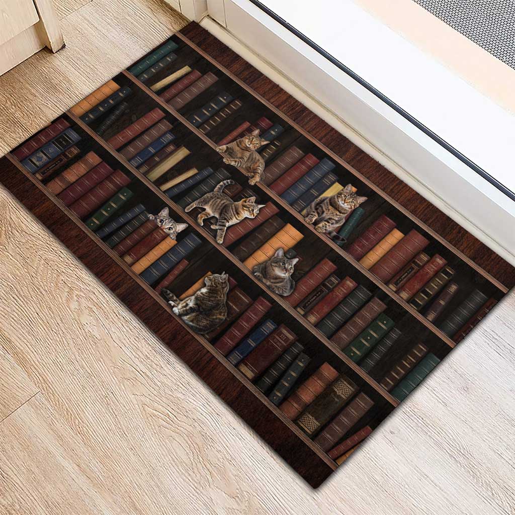 Cat Bookcase Christmas Rubber Doormat Xmas Holiday Patterns - Wonder Print Shop