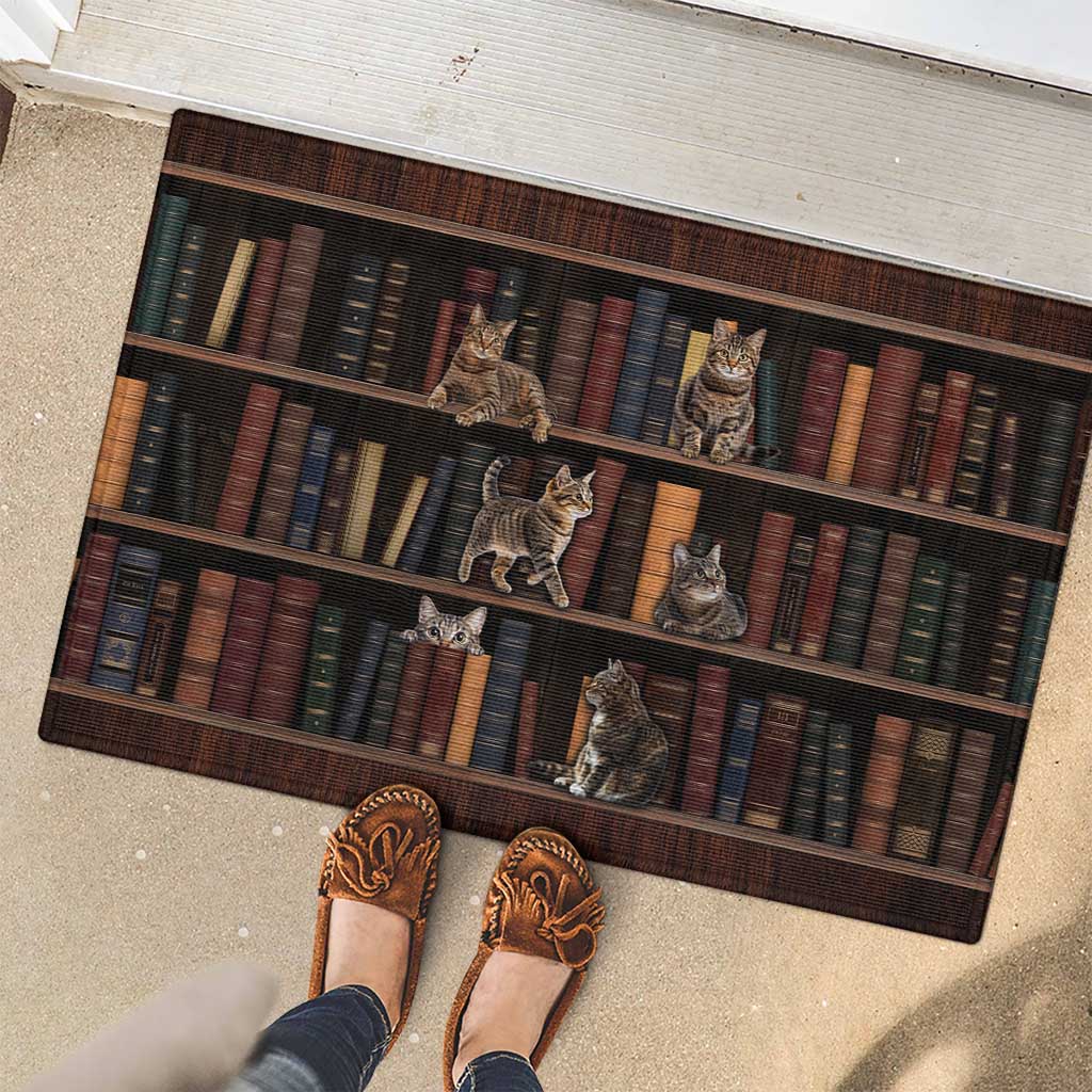 Cat Bookcase Christmas Rubber Doormat Xmas Holiday Patterns - Wonder Print Shop
