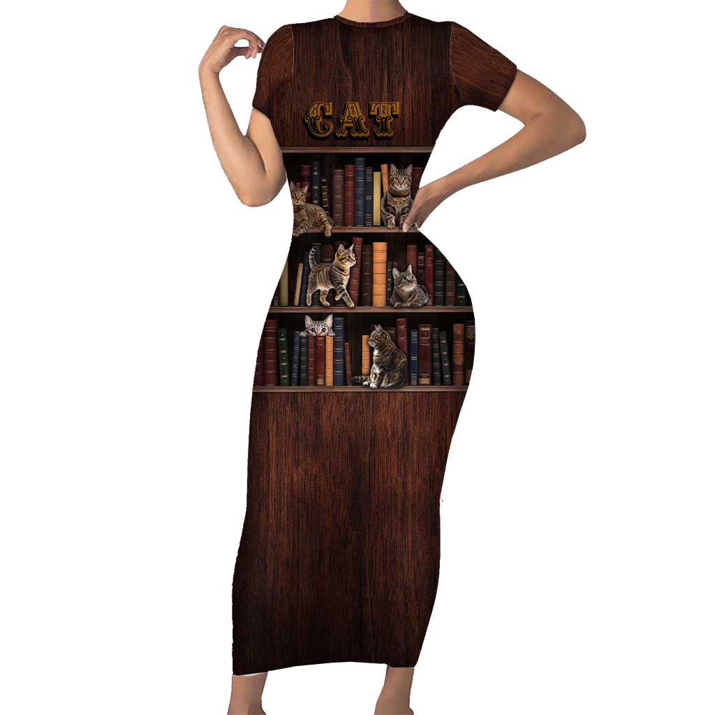 Cat Bookcase Christmas Short Sleeve Bodycon Dress Xmas Holiday Patterns - Wonder Print Shop