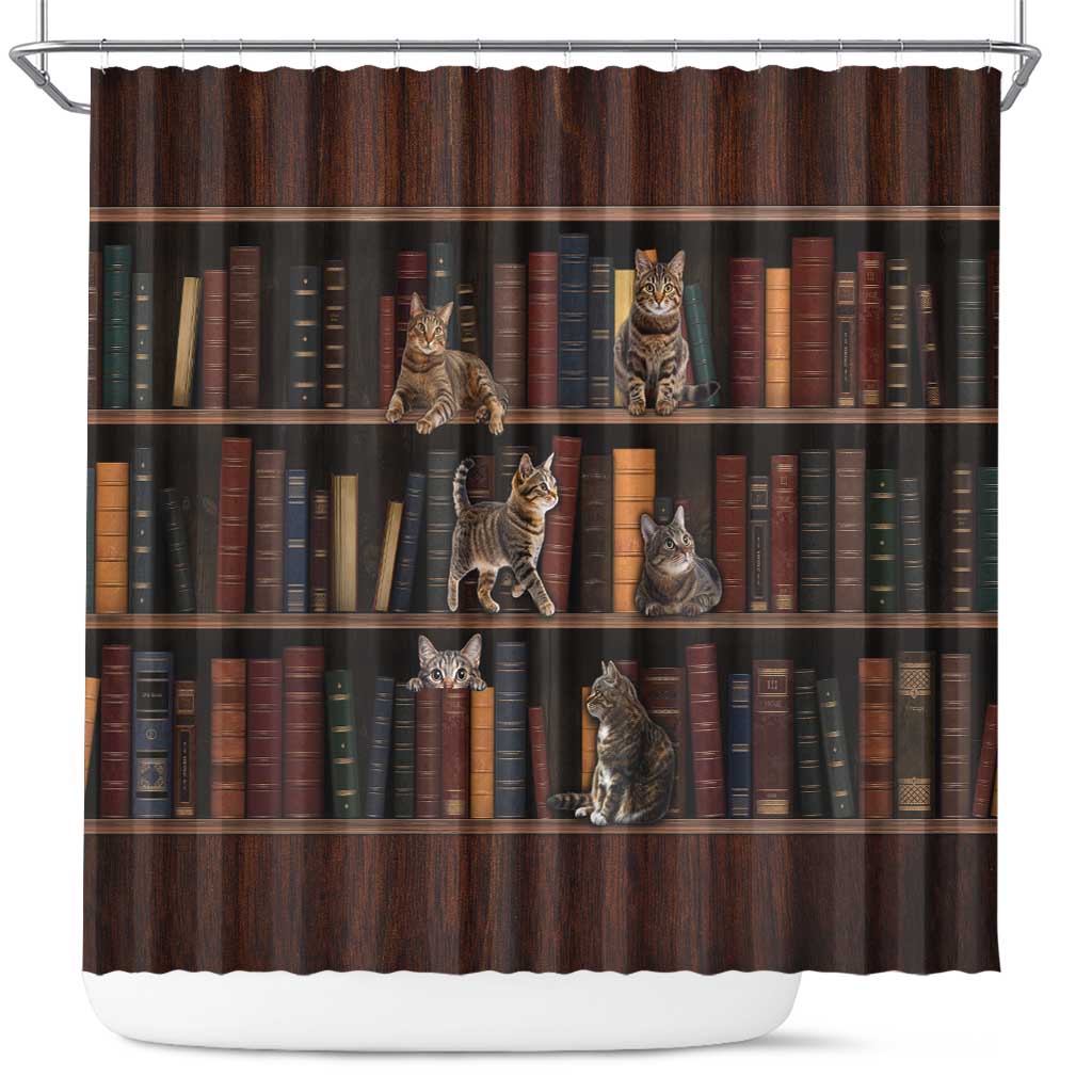 Cat Bookcase Christmas Shower Curtain Xmas Holiday Patterns - Wonder Print Shop