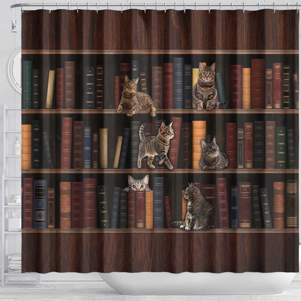 Cat Bookcase Christmas Shower Curtain Xmas Holiday Patterns - Wonder Print Shop