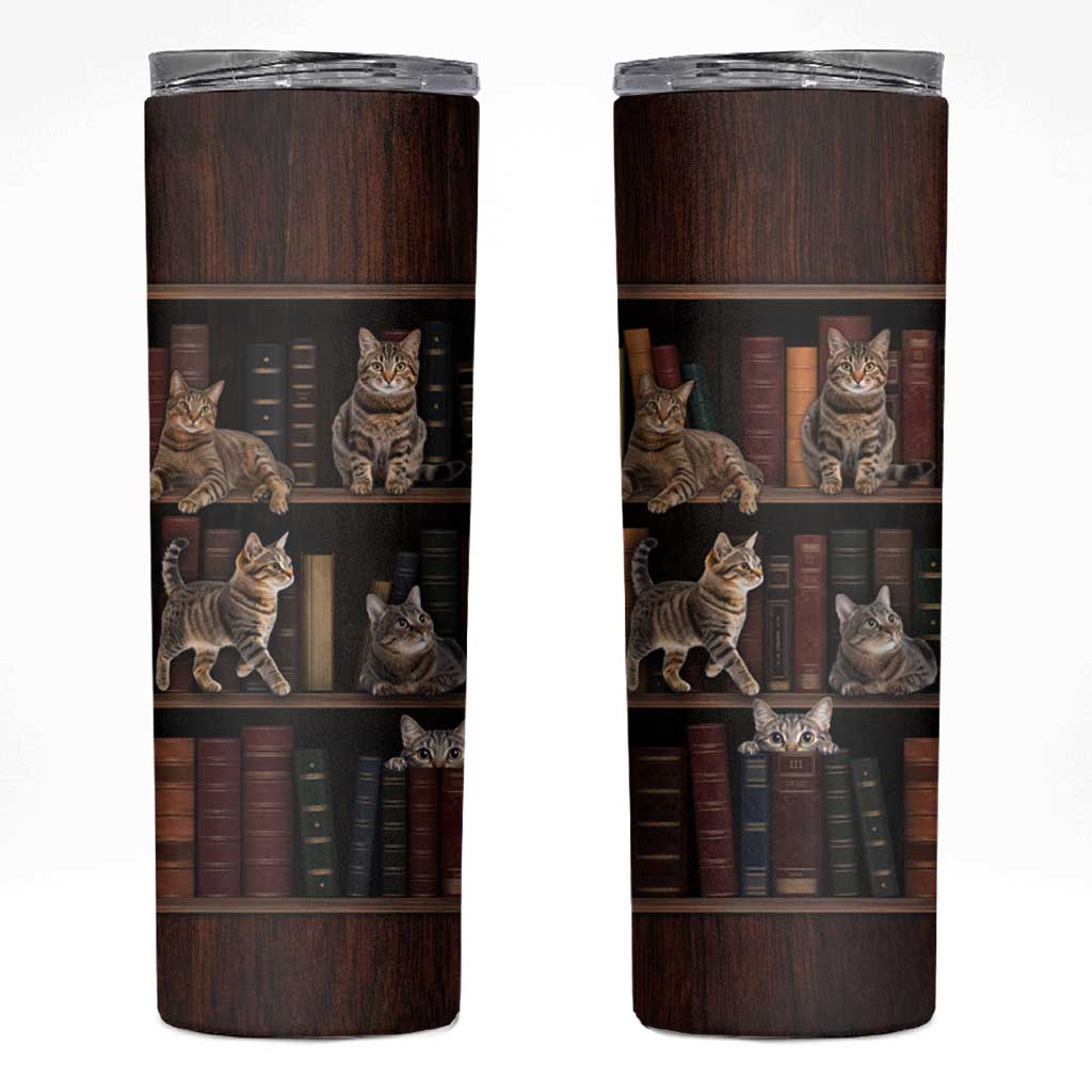 Cat Bookcase Christmas Skinny Tumbler Xmas Holiday Patterns - Wonder Print Shop