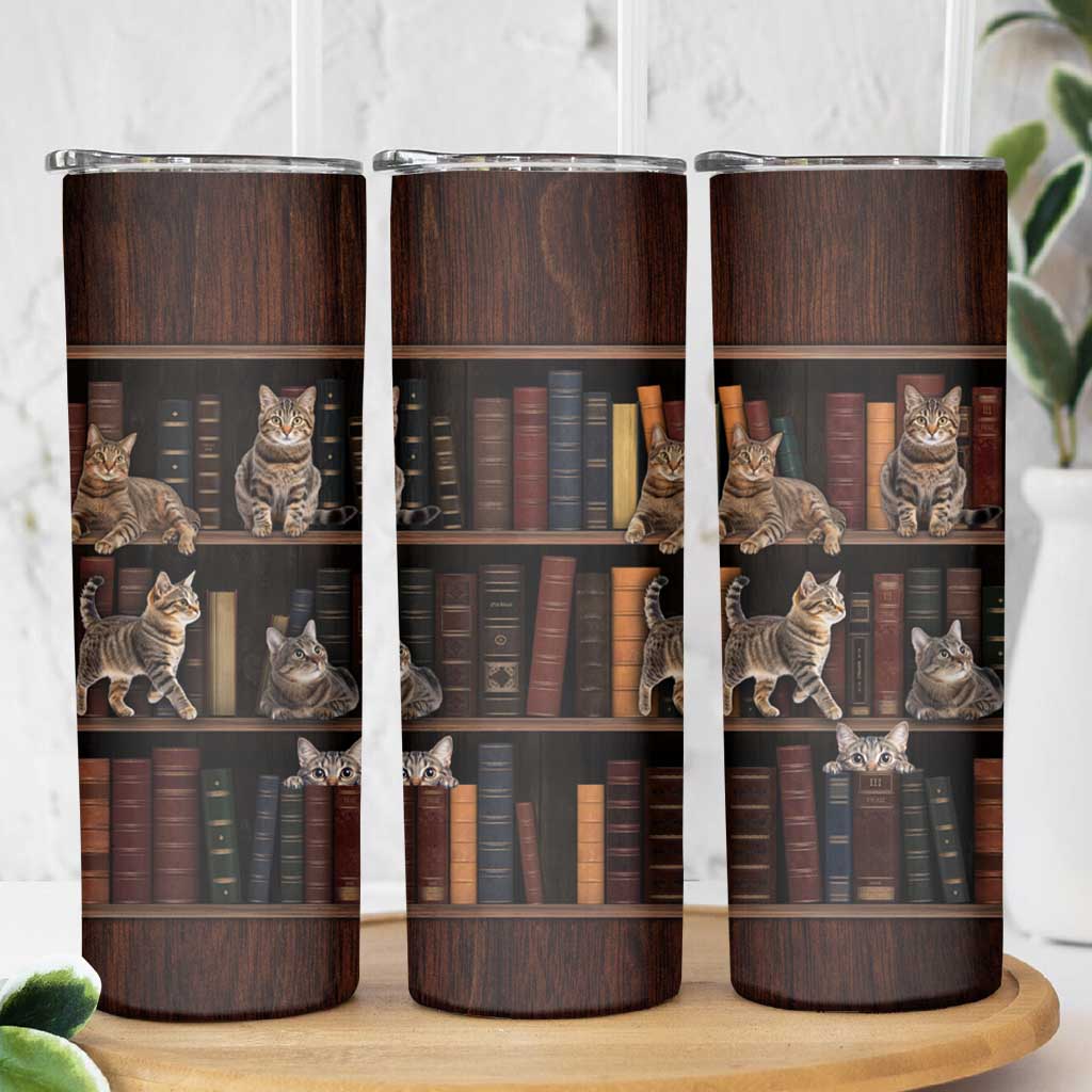 Cat Bookcase Christmas Skinny Tumbler Xmas Holiday Patterns - Wonder Print Shop