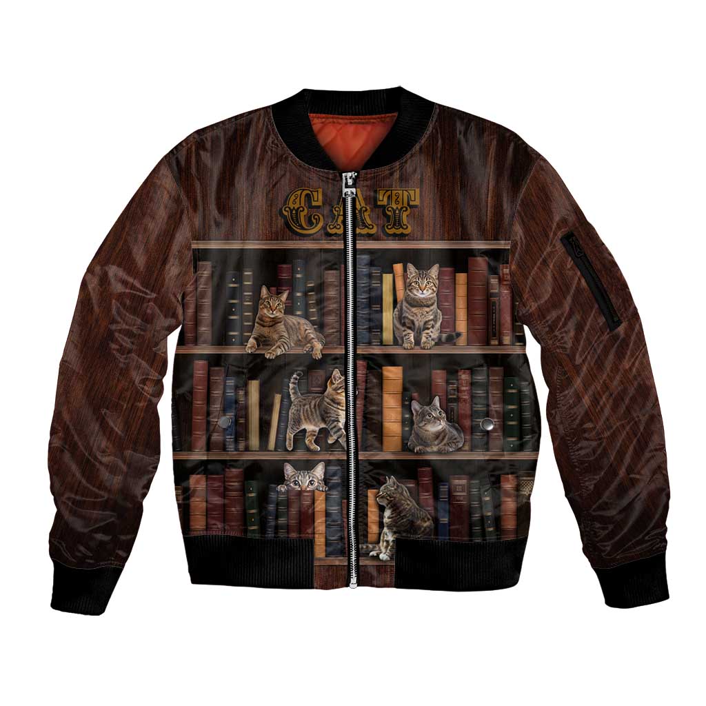 Cat Bookcase Christmas Sleeve Zip Bomber Jacket Xmas Holiday Patterns - Wonder Print Shop