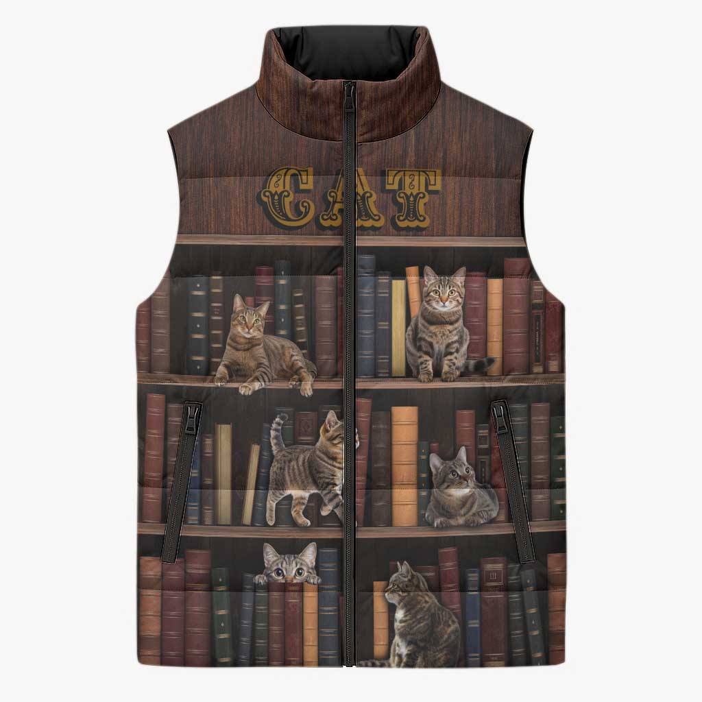 Cat Bookcase Christmas Sleeveless Puffer Jacket Xmas Holiday Patterns - Wonder Print Shop