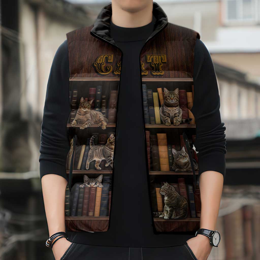 Cat Bookcase Christmas Sleeveless Puffer Jacket Xmas Holiday Patterns - Wonder Print Shop