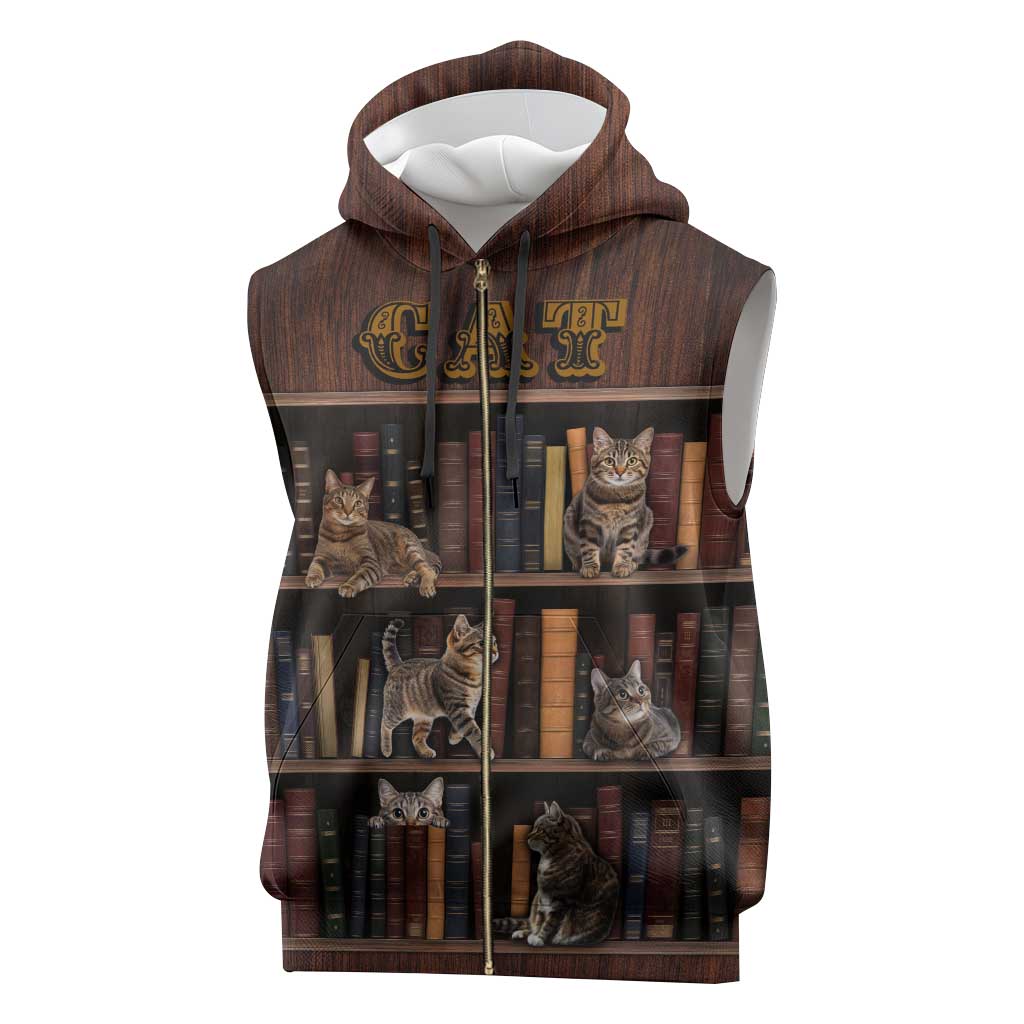 Cat Bookcase Christmas Sleeveless Zip Hoodie Xmas Holiday Patterns - Wonder Print Shop