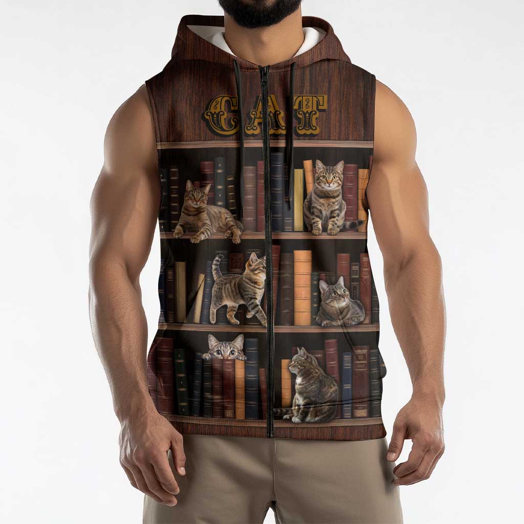 Cat Bookcase Christmas Sleeveless Zip Hoodie Xmas Holiday Patterns - Wonder Print Shop