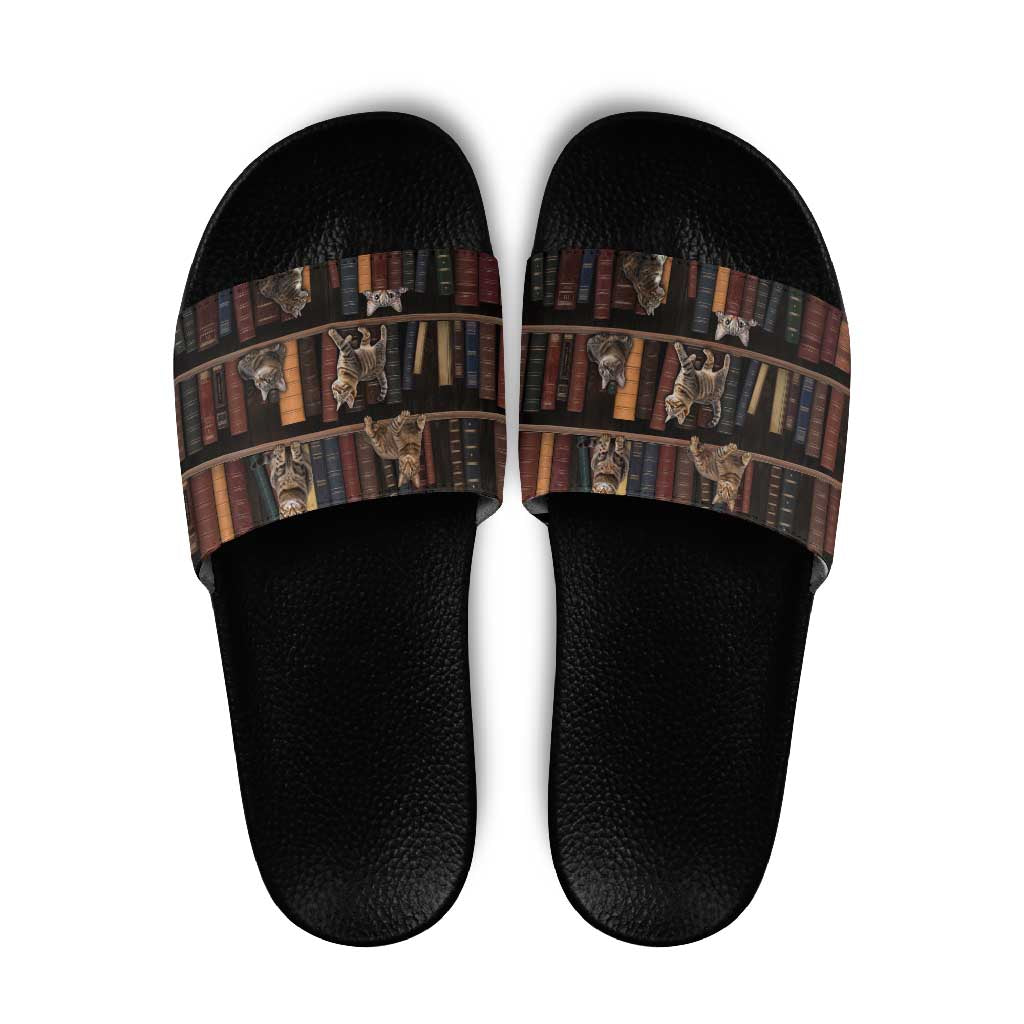 Cat Bookcase Christmas Slide Sandals Xmas Holiday Patterns - Wonder Print Shop