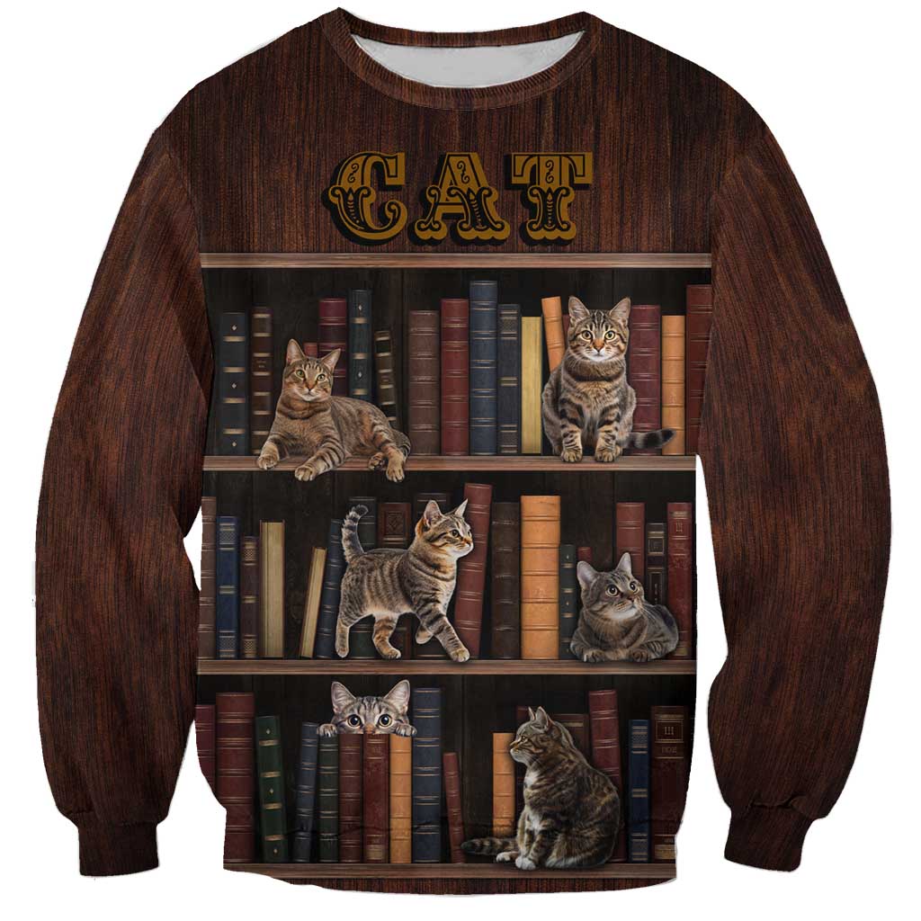 Cat Bookcase Christmas Sweatshirt Xmas Holiday Patterns - Wonder Print Shop