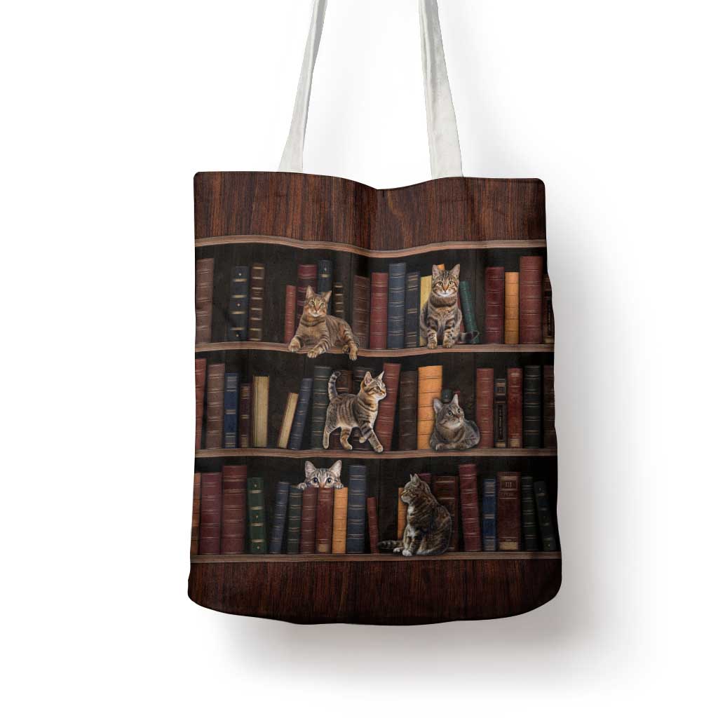 Cat Bookcase Christmas Tote Bag Xmas Holiday Patterns - Wonder Print Shop
