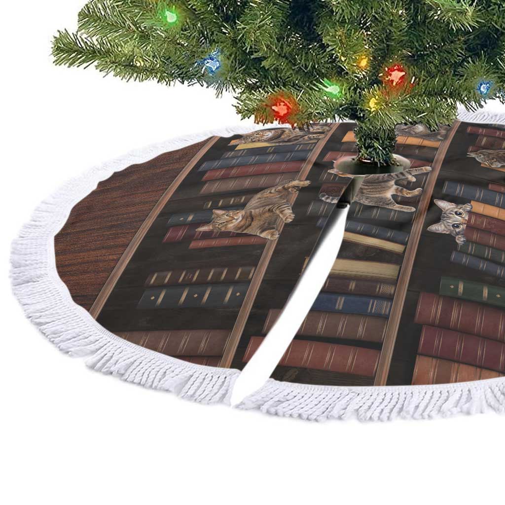 Cat Bookcase Christmas Tree Skirt Xmas Holiday Patterns - Wonder Print Shop