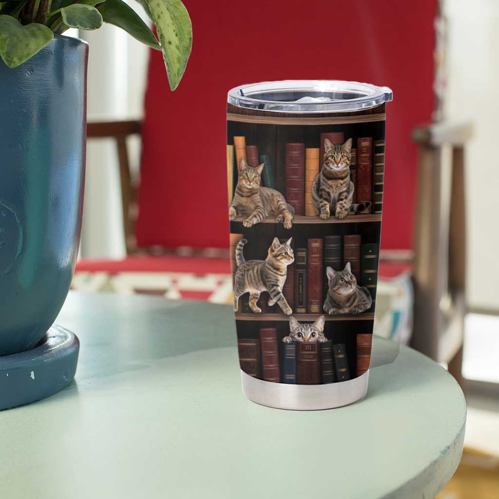 Cat Bookcase Christmas Tumbler Cup Xmas Holiday Patterns - Wonder Print Shop