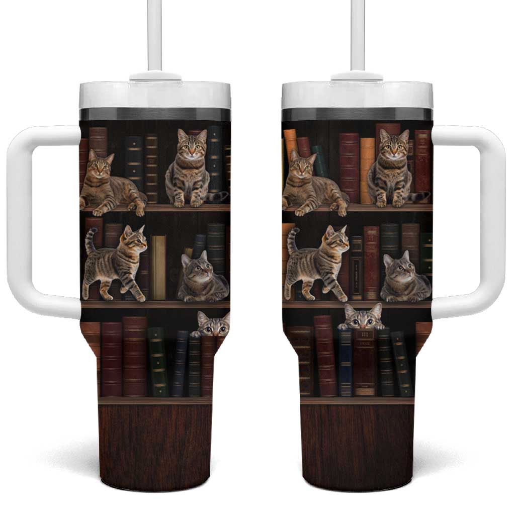 Cat Bookcase Christmas Tumbler With Handle Xmas Holiday Patterns - Wonder Print Shop