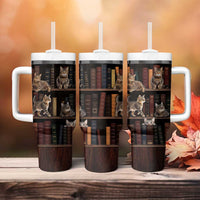 Cat Bookcase Christmas Tumbler With Handle Xmas Holiday Patterns - Wonder Print Shop
