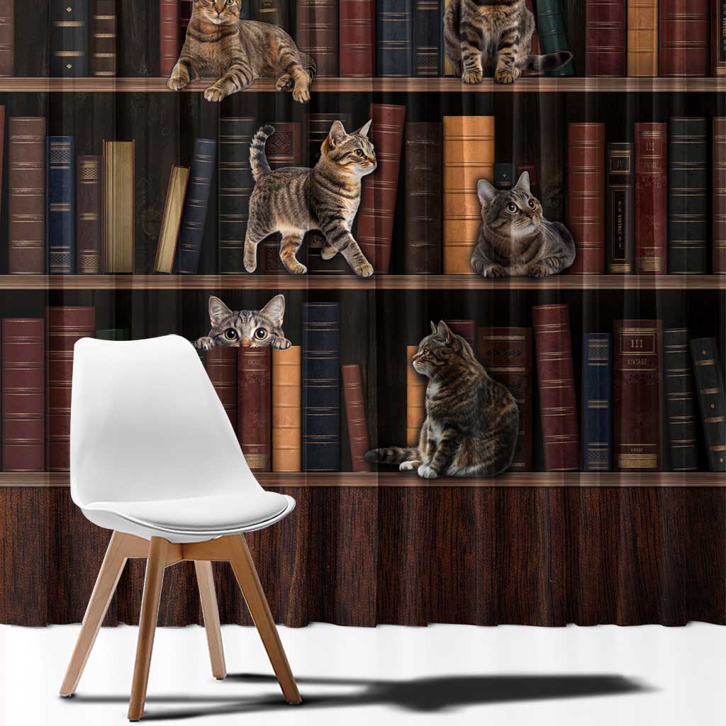 Cat Bookcase Christmas Window Curtain Xmas Holiday Patterns - Wonder Print Shop